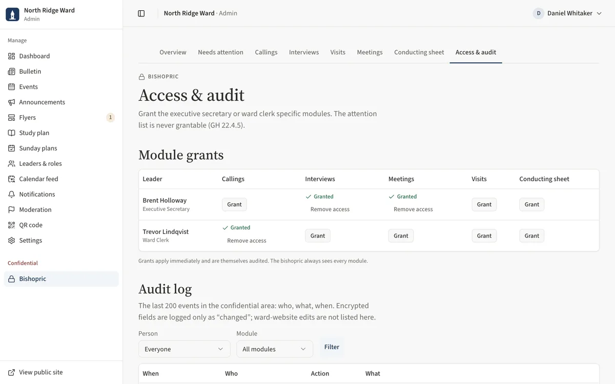 The Access and audit page with the module grants table for the executive secretary and clerk, and the audit log below.