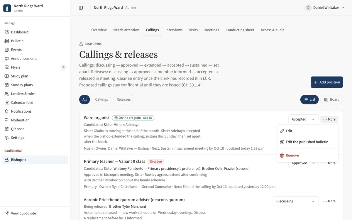 The Callings and releases list with a stage selector and a More button on each row, and one row's More menu open.