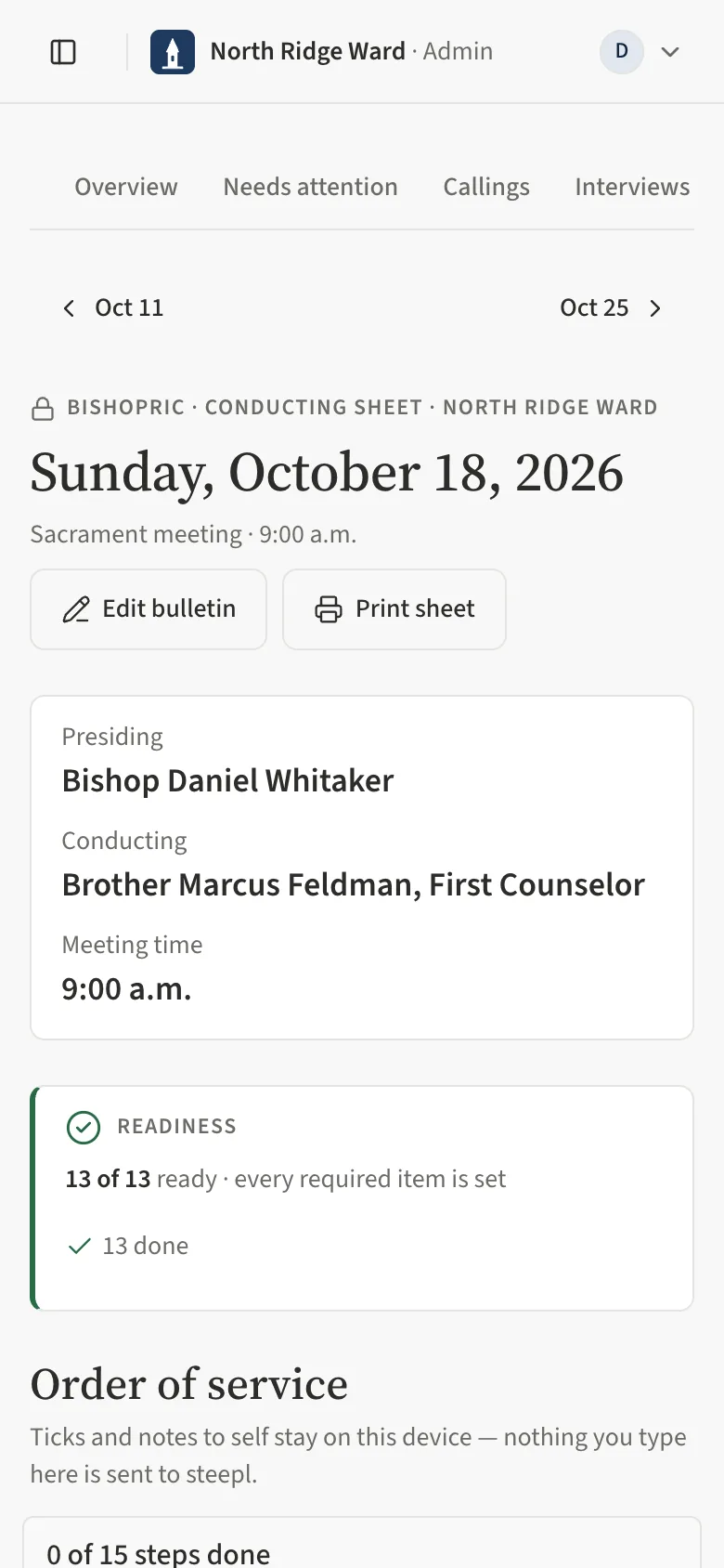 The top of the conducting sheet on a phone: the week arrows, the Edit bulletin and Print sheet buttons, and who presides and conducts.