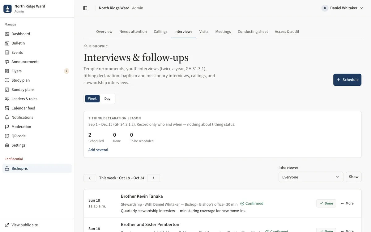 The interviews week view with the Week and Day switch, the tithing declaration season panel and this week's interviews.
