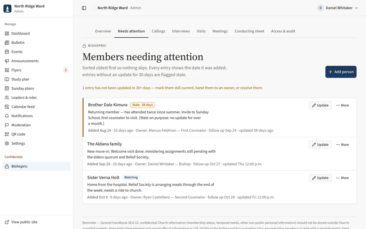 The Members needing attention list with a Stale badge on the oldest entry and the Update and More buttons.