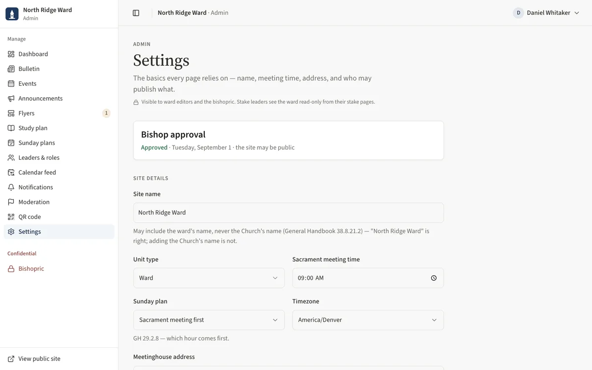 The ward Settings page with the Bishop approval card showing the approval date.