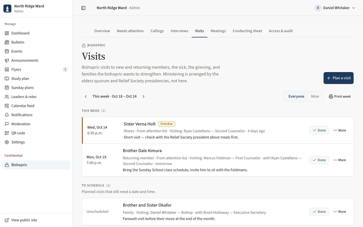 The Visits page with This week, Coming up and To schedule sections, an Overdue badge and a From attention list badge.