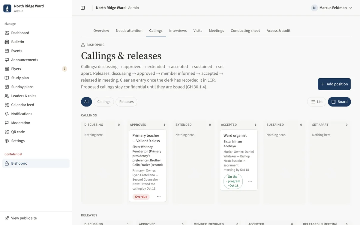 The Callings and releases board view with a column per stage.