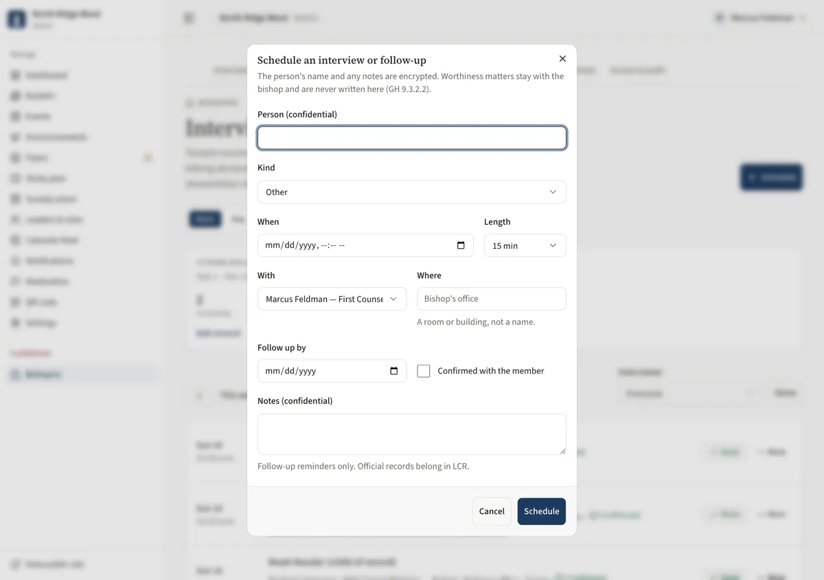 The Schedule an interview or follow-up dialog with Person, Kind, When, Length and With fields.