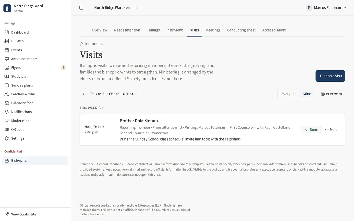 The Visits page filtered to Mine, showing the counselor's visits this week.