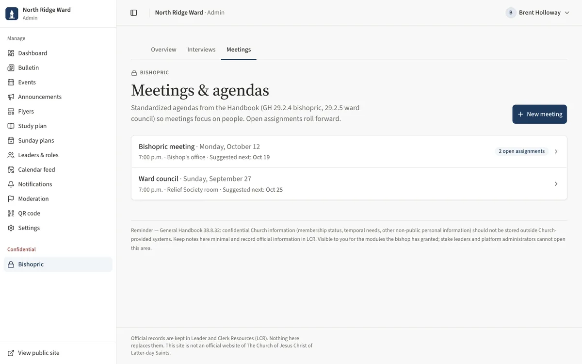 The Meetings and agendas list with each meeting's date, items to cover and open assignments.