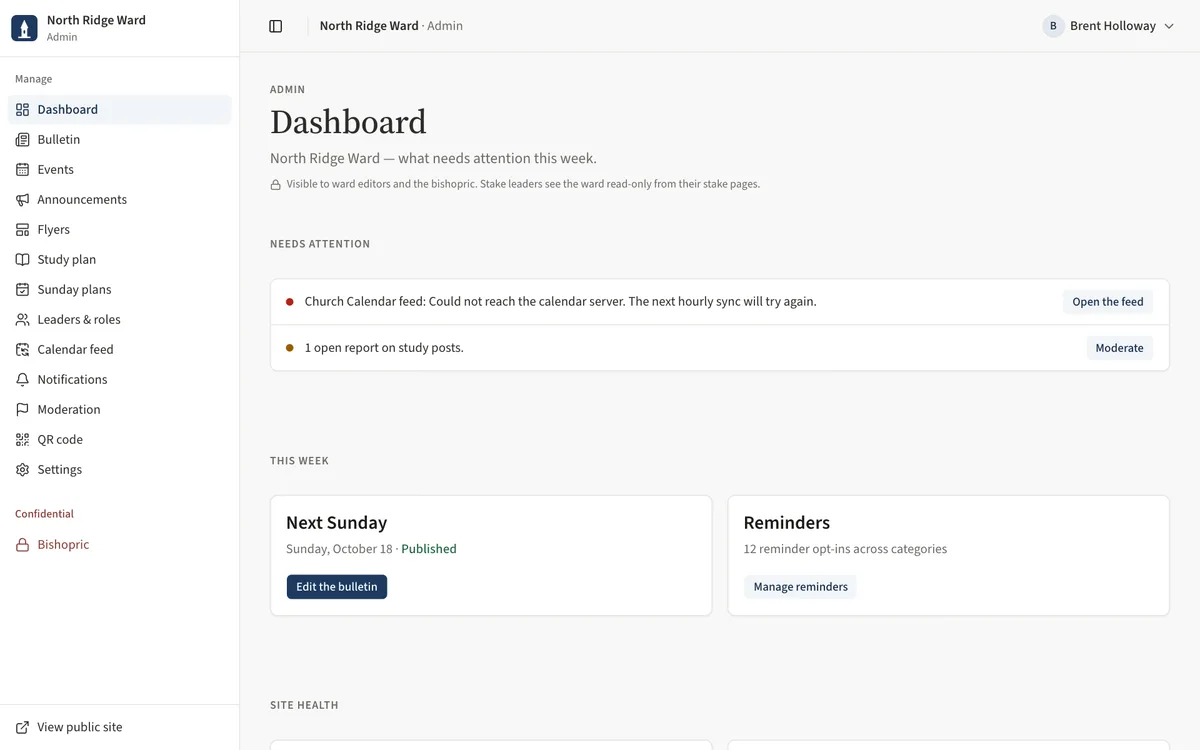 The ward admin dashboard with Needs attention, the This week cards and the admin sidebar.