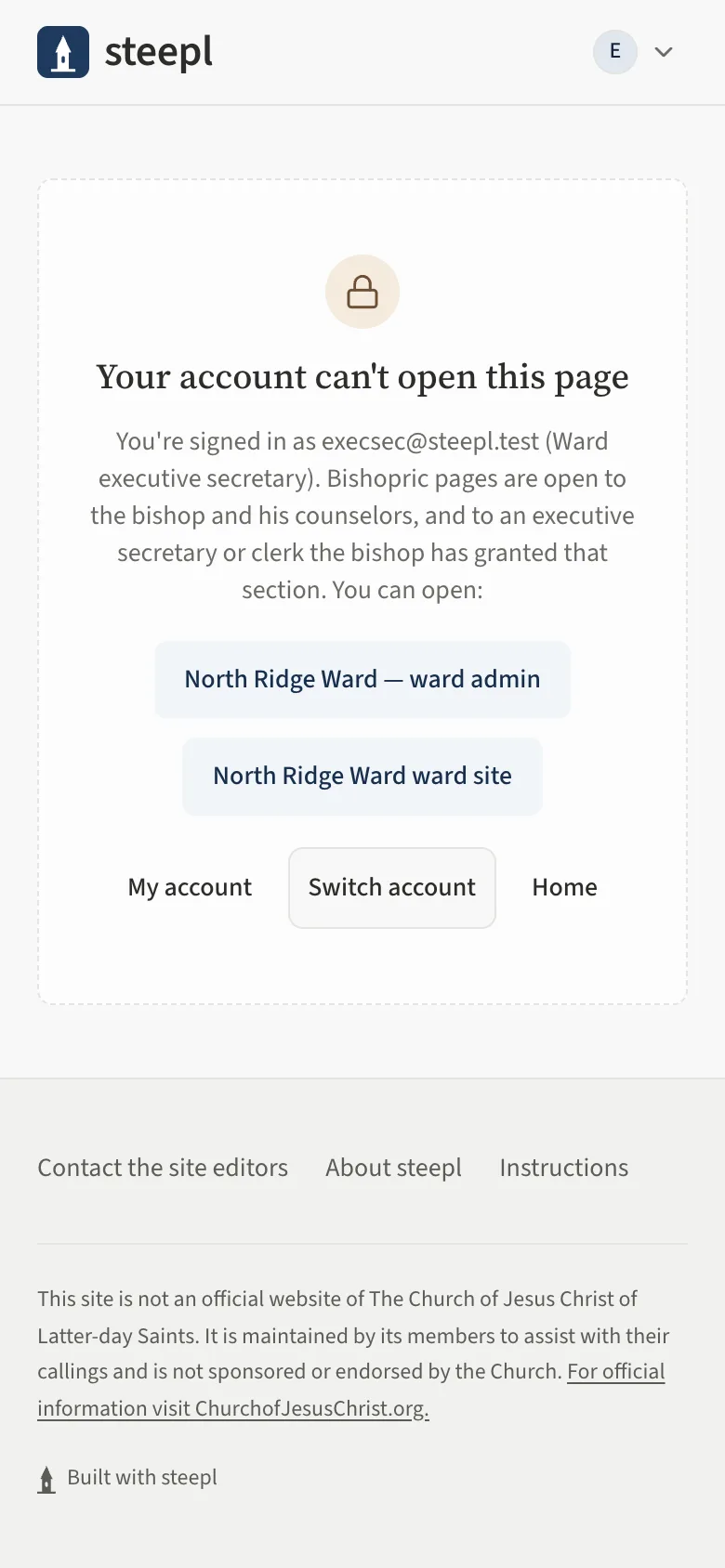 The page shown when the executive secretary opens Visits without a grant: Your account can't open this page.