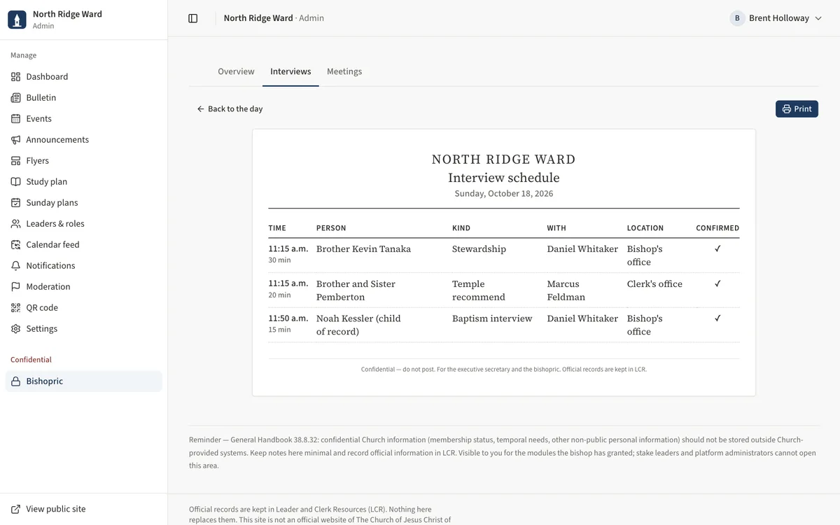 The printable interview schedule with columns for time, person, kind, with, location and confirmed.