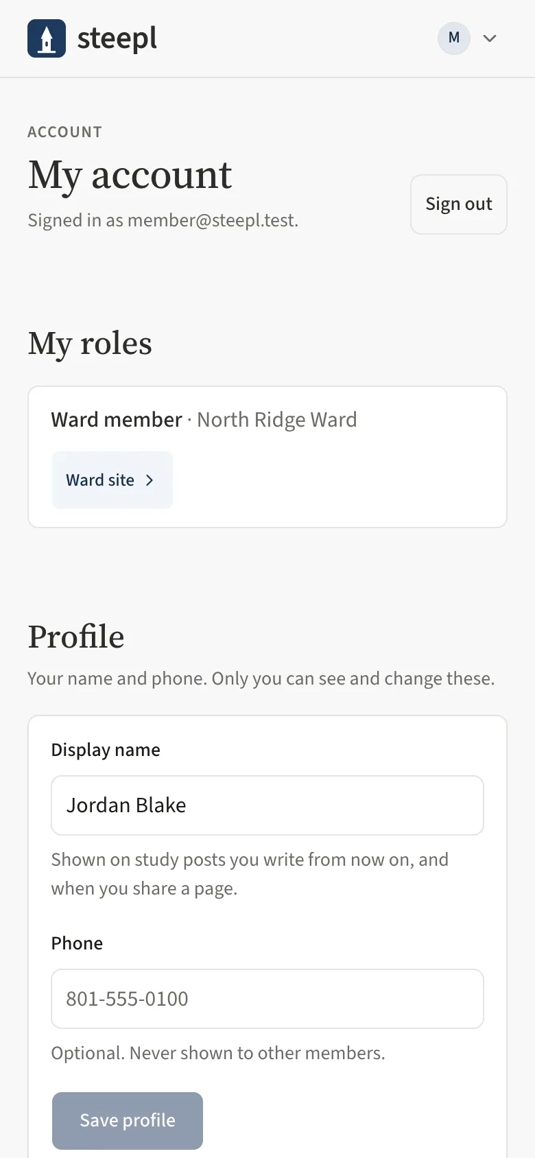 The My account page on a phone: My roles, and the Profile card with Display name, Phone and Save profile.