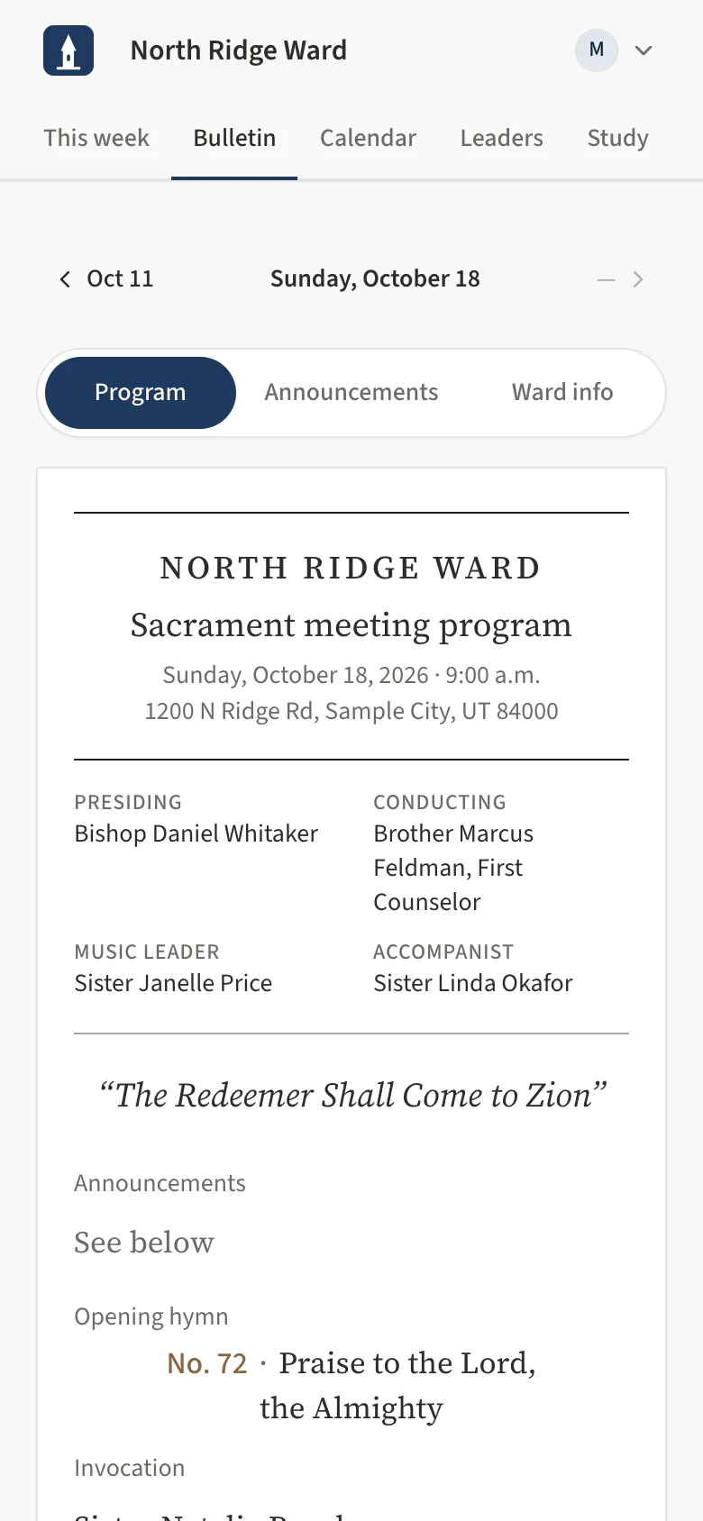 The top of the sacrament meeting program on a phone: the week arrows, the Program, Announcements and Ward info tabs, who presides and conducts, the music leader and the opening hymn.