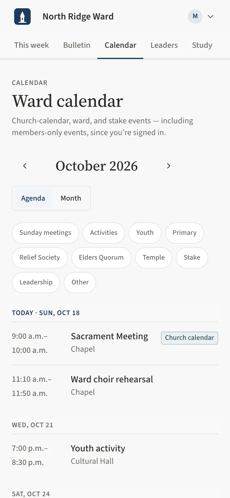 The ward calendar in agenda view on a phone: the month arrows, the Agenda and Month switch, the category pills and today's events.