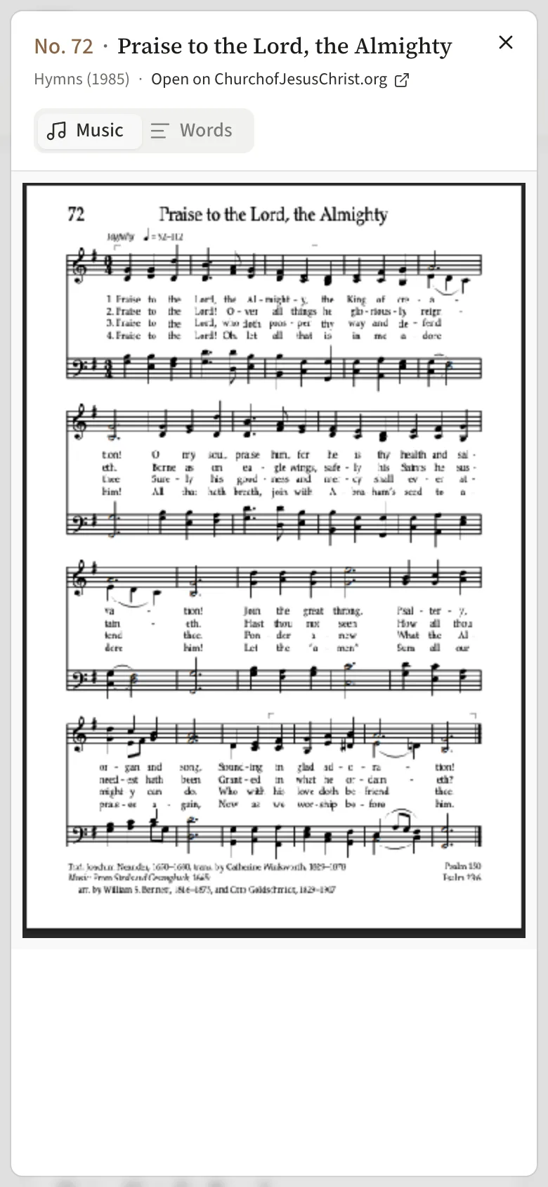 The hymn viewer open over the bulletin, showing the hymn number and title, the Music and Words tabs and the sheet music.