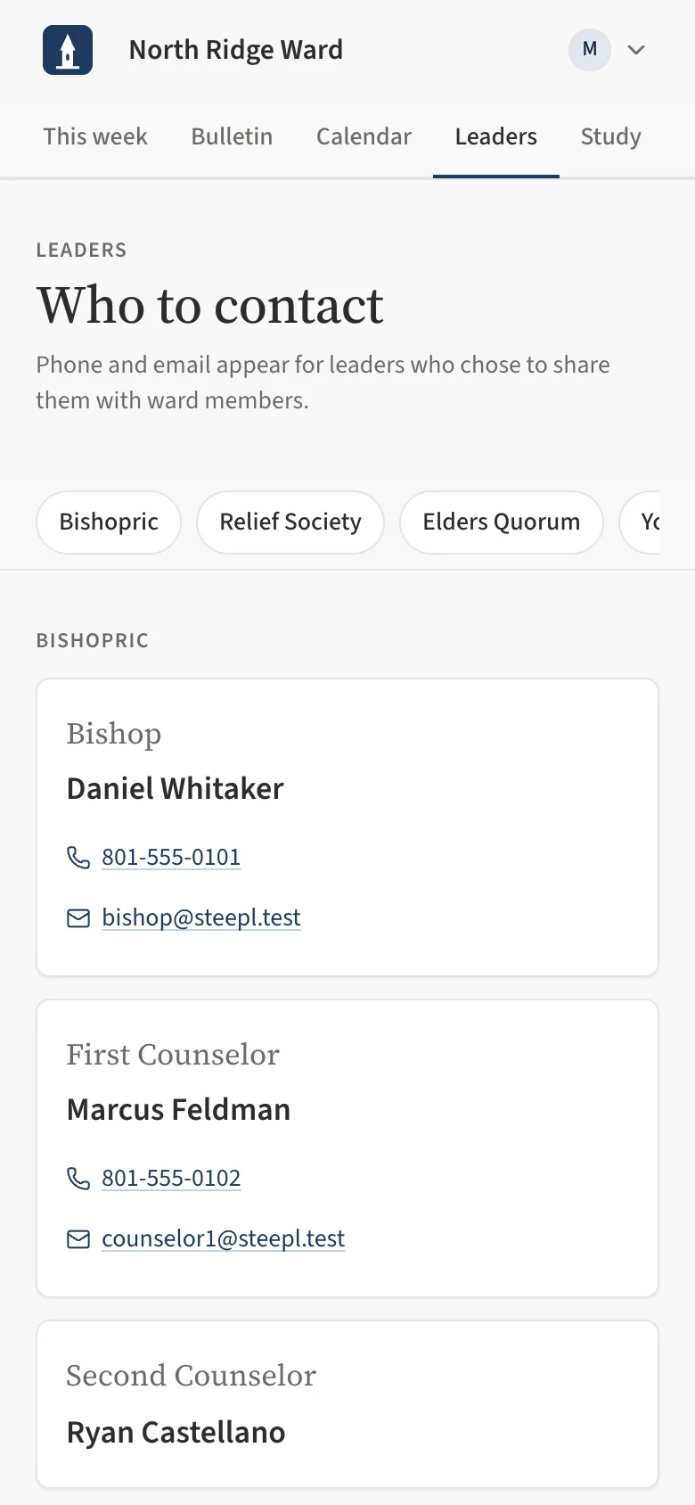 The Who to contact page showing the bishopric tiles and organization groups with phone and e-mail links.