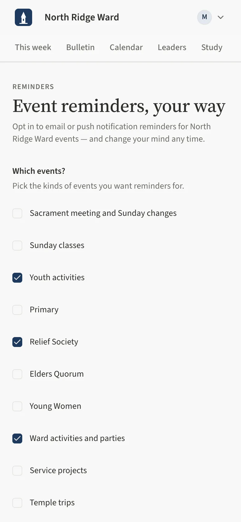 The Event reminders, your way page with event-type checkboxes and the Save reminder settings button.
