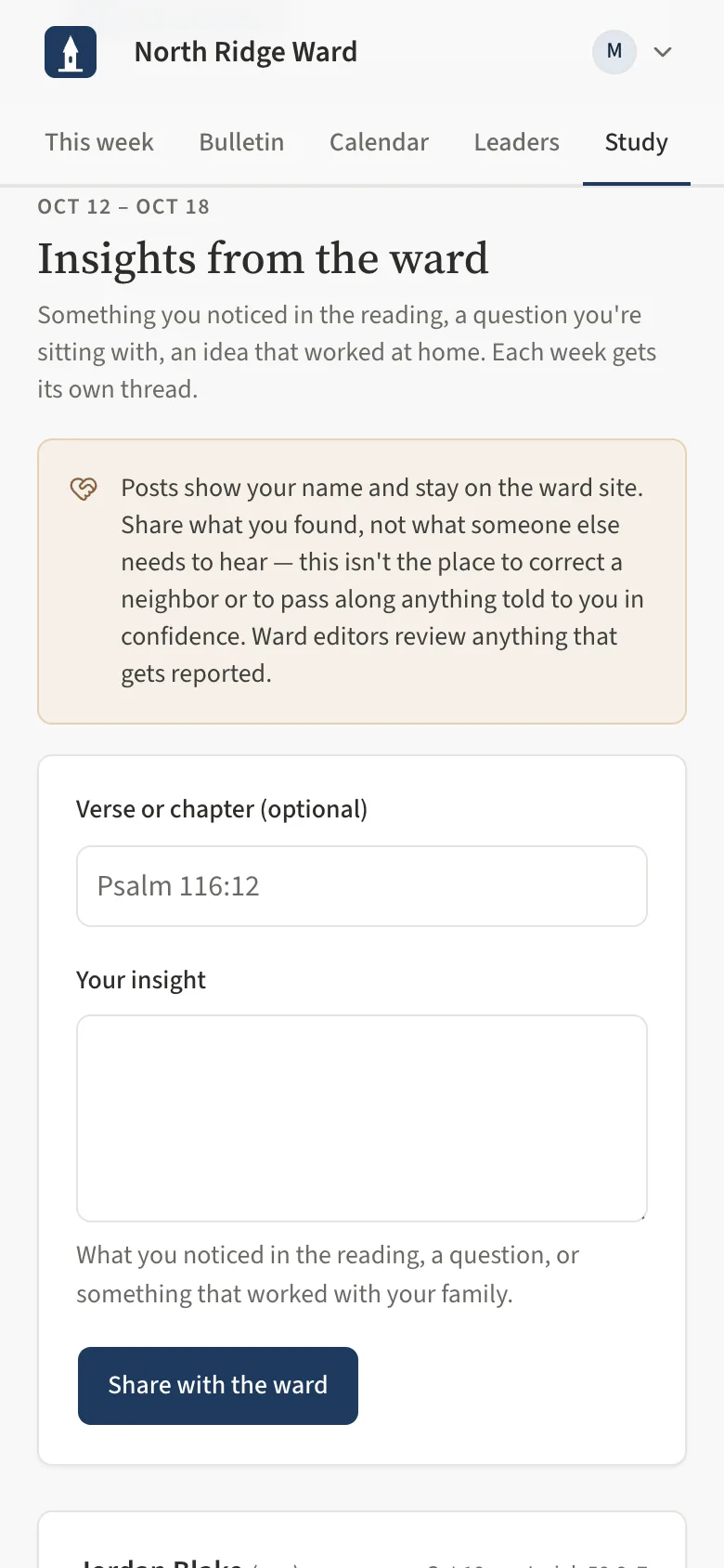 The Insights from the ward thread on a phone: the form to share an insight and the first posts below it.