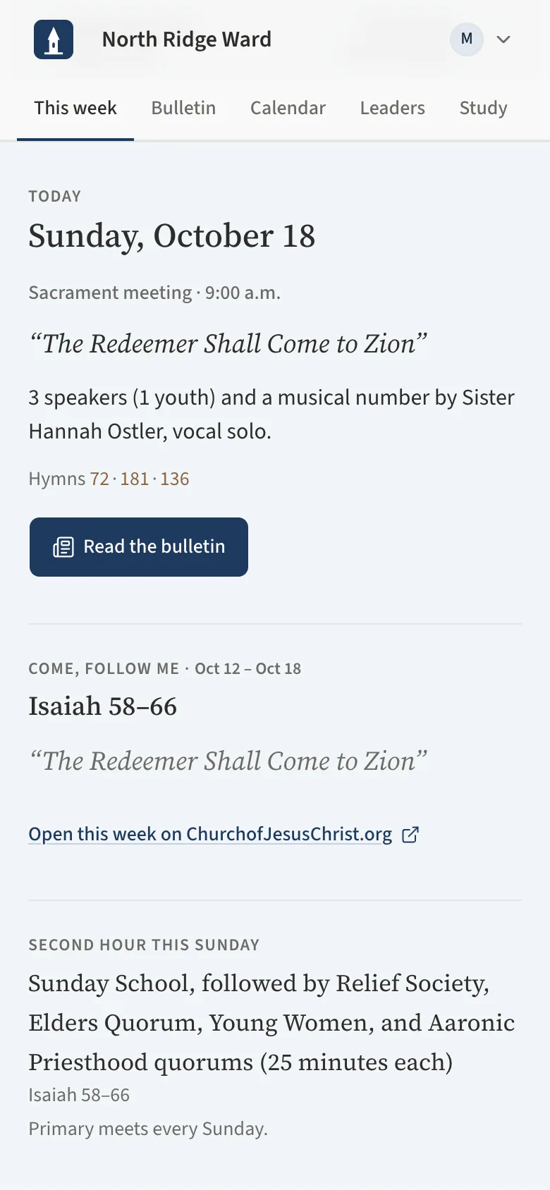 The This week page on a phone: the navy band for this Sunday with the theme, the number of speakers, the hymn numbers and the Read the bulletin button.