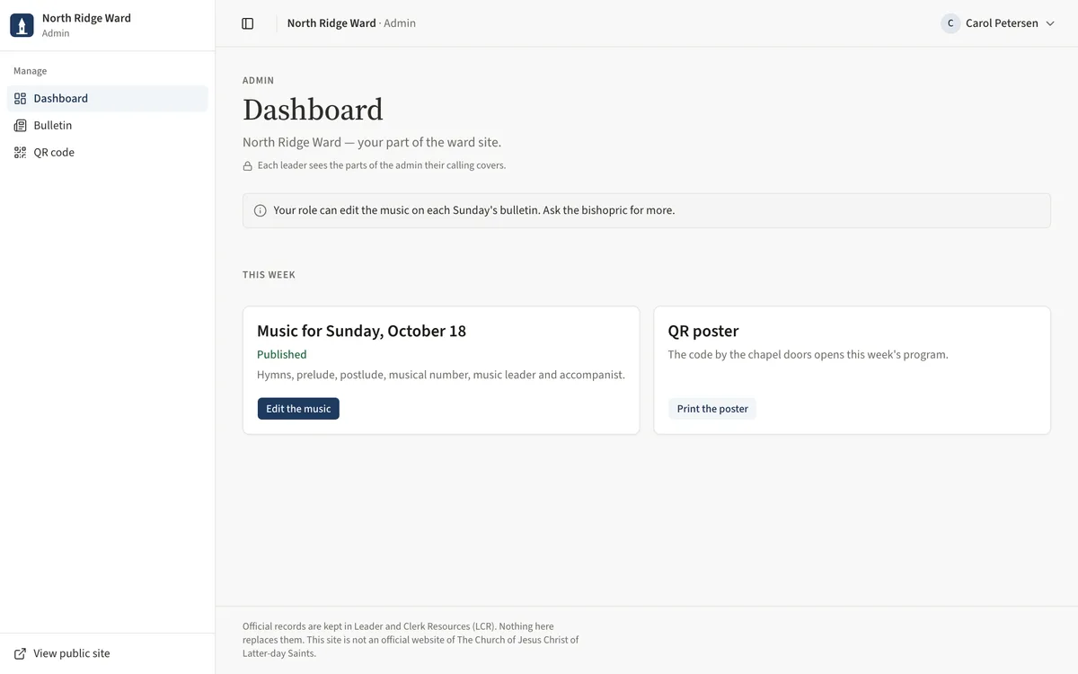 The music coordinator's dashboard with the role note and the Music for this Sunday card.
