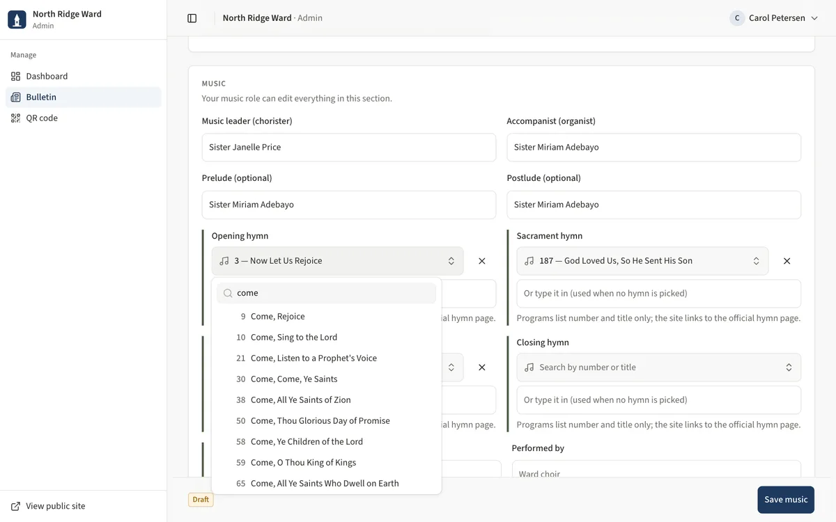 The hymn picker open with a search box and a list of matching hymn numbers and titles.