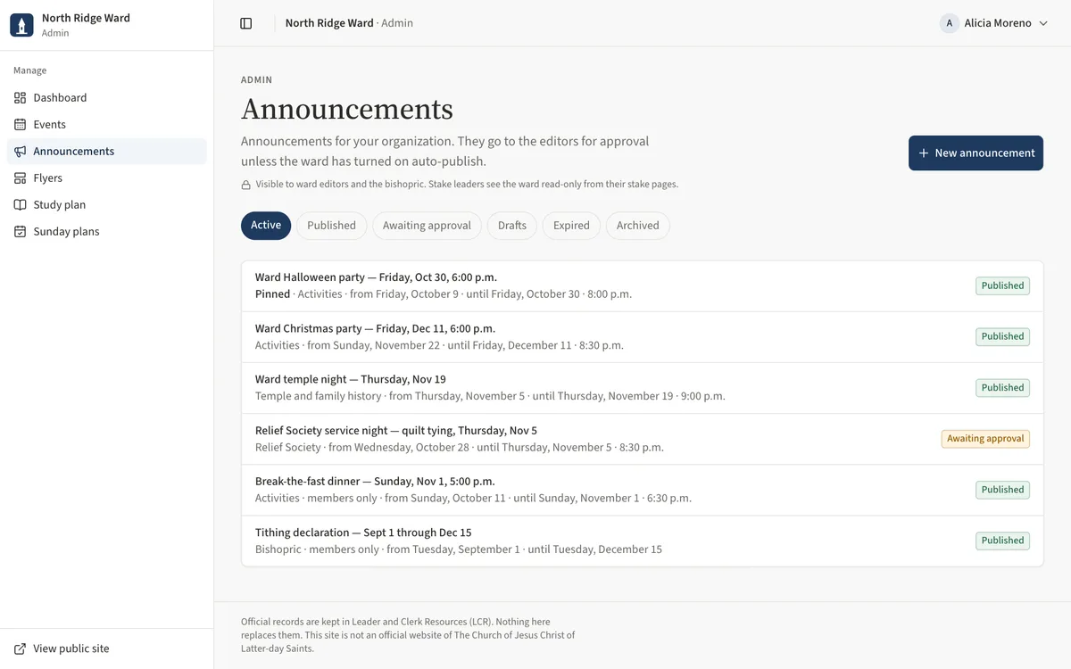 The Announcements page for the Relief Society, with a quilt night announcement awaiting approval.