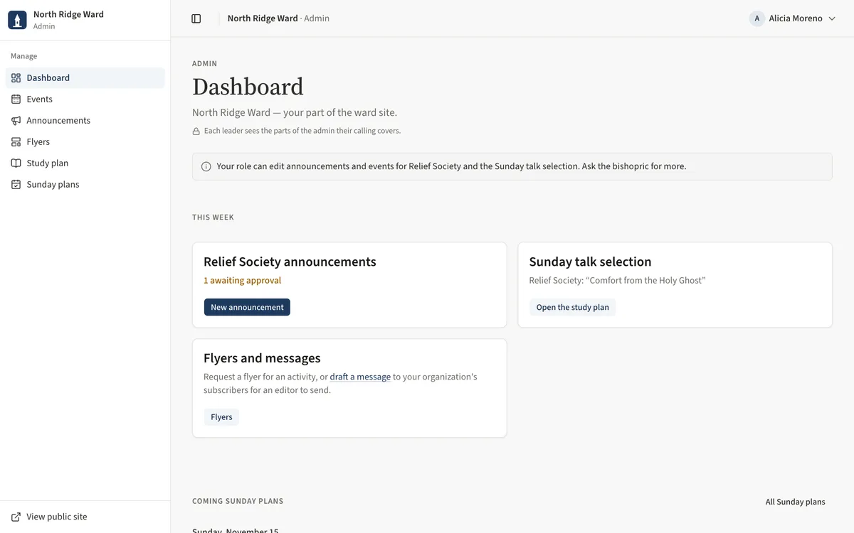 The Relief Society president's dashboard with the role note, the announcements card and the Sunday talk selection card.