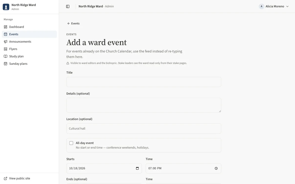 The top of the Add a ward event form with Title, Details, Location and the Starts date and time.