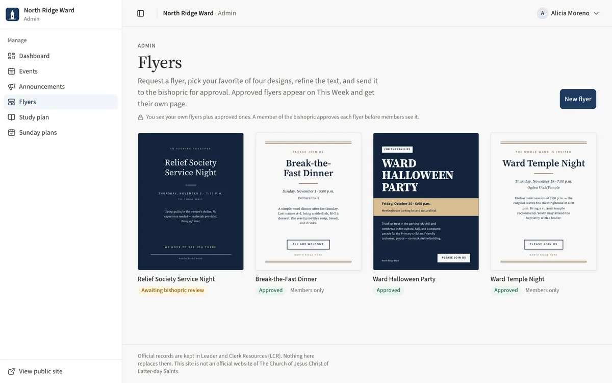 The Flyers list with a Relief Society flyer awaiting bishopric review.