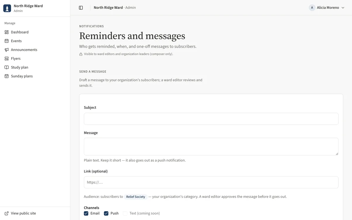 The Send a message composer for an organization leader, with the audience limited to the organization's subscribers.