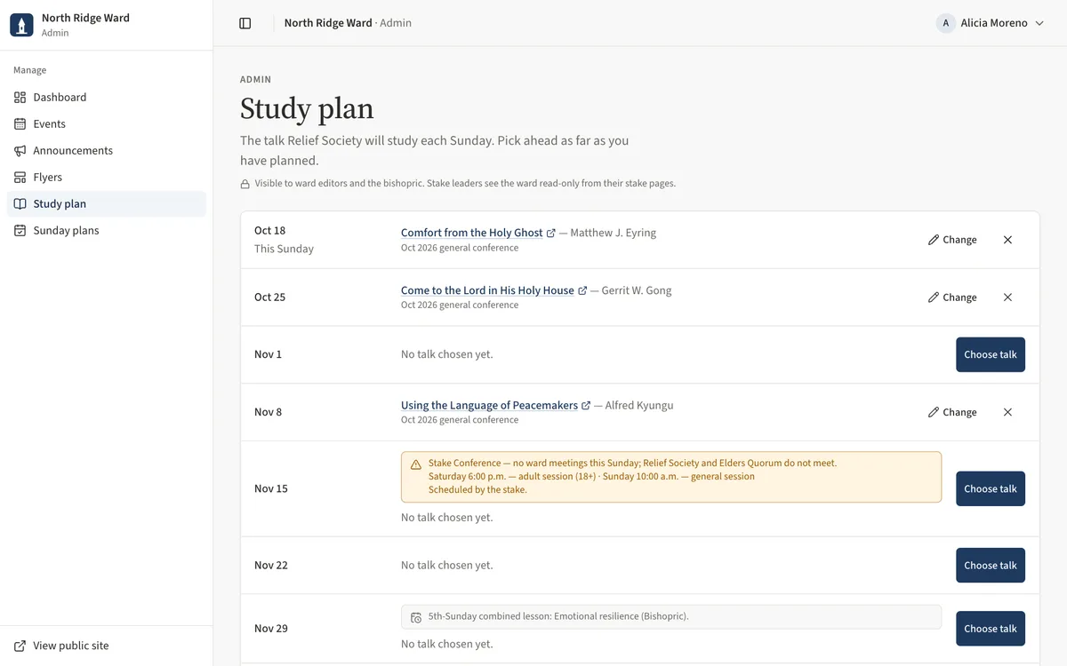 The Study plan page with upcoming Sundays, chosen talks and a Sunday with no talk chosen yet.
