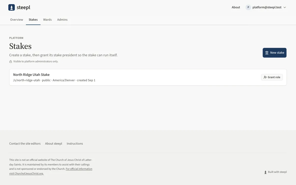 The Stakes page listing the demo stake with its approval state and the Grant role button.