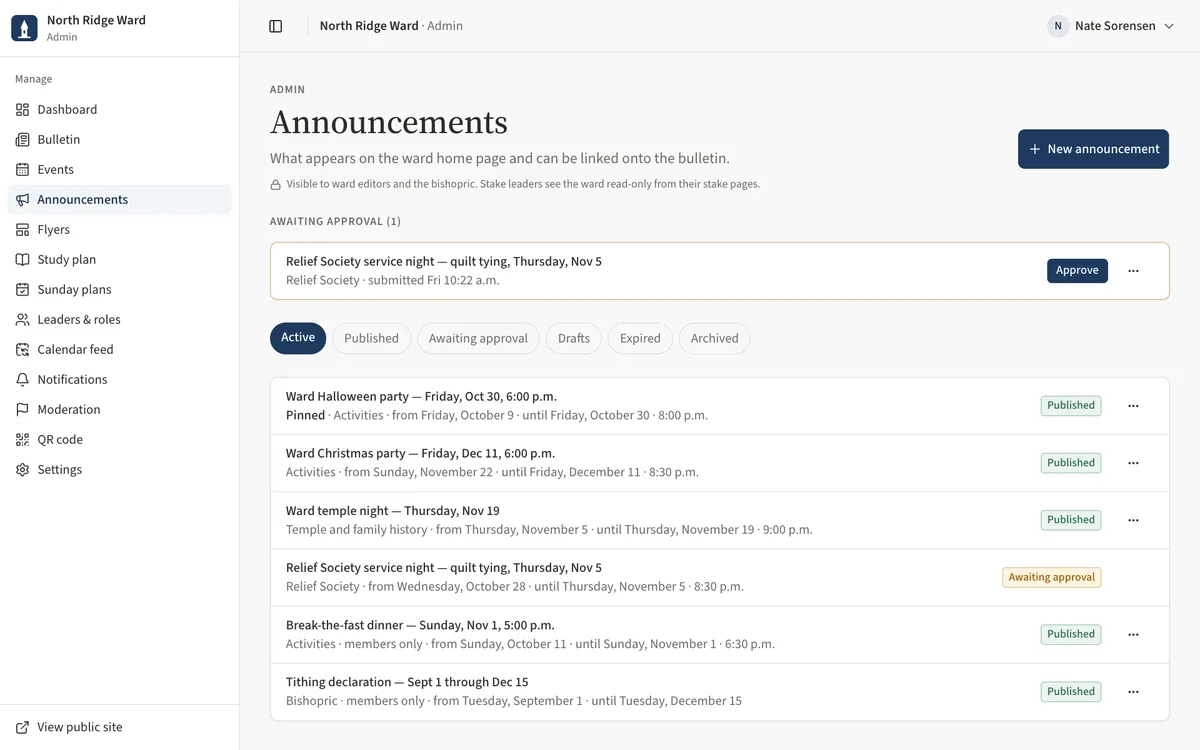 The Announcements page with the Awaiting approval section, its Approve button and the More menu.