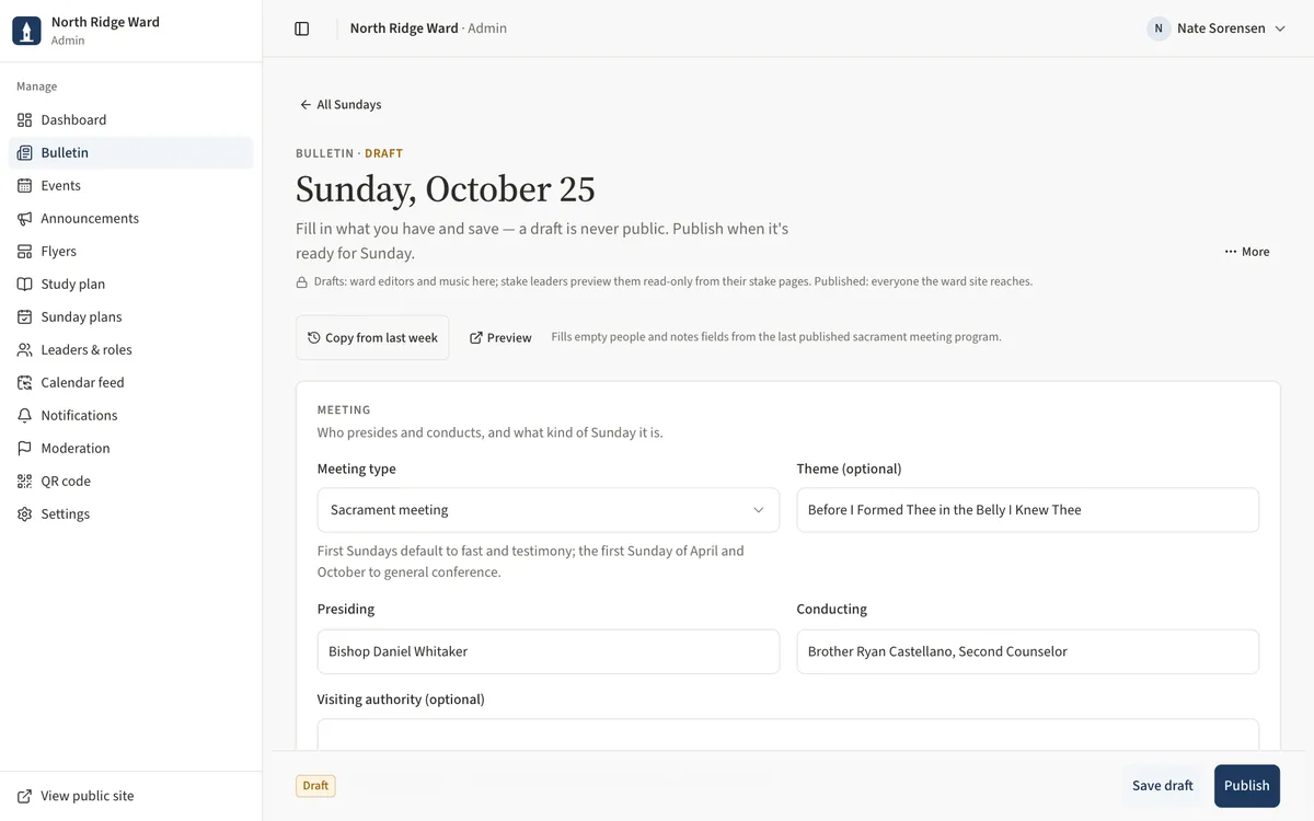 The bulletin editor for a draft Sunday: the More menu at the top right, and the Draft badge with Save draft and Publish in the bar at the bottom.
