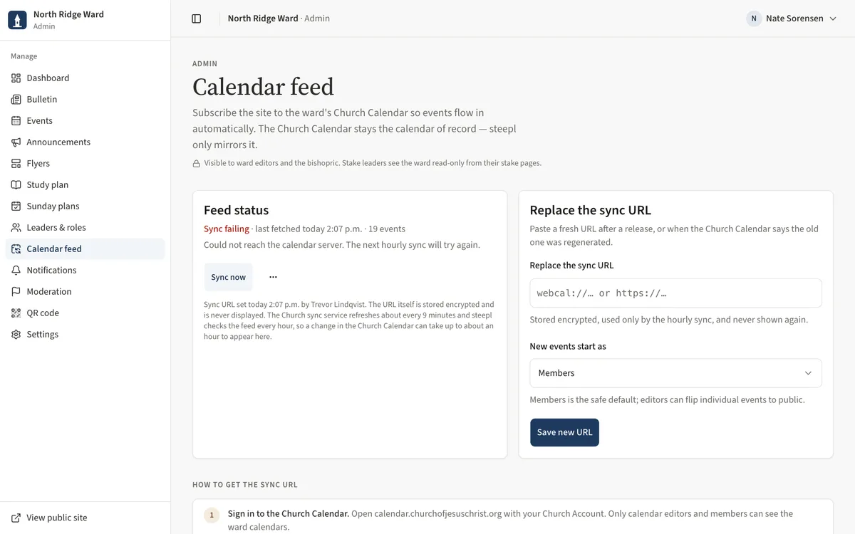 The Calendar feed page with the Feed status card and its Sync now button, the Replace the sync URL card, and the first sync URL step.