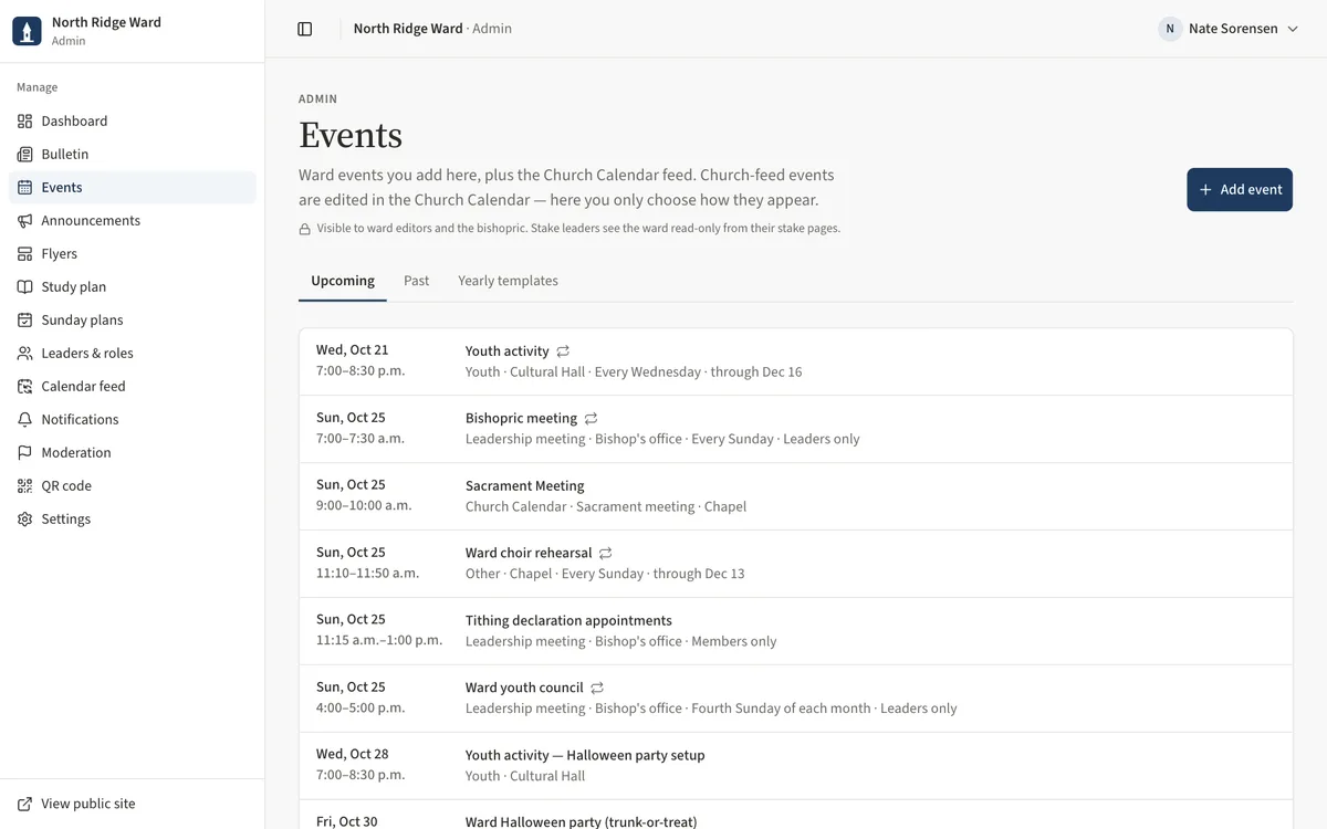 The Events page with Upcoming, Past and Yearly templates tabs and the Add event button.