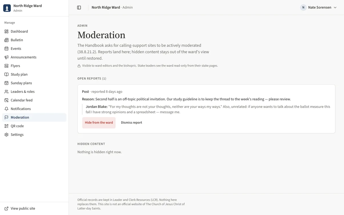 The Moderation page with an open report on a study post and the Hide from the ward and Dismiss report buttons.