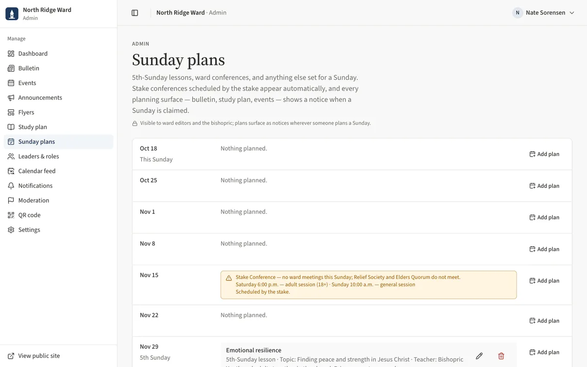 The Sunday plans page with upcoming Sundays, a 5th Sunday badge and a stake conference notice.