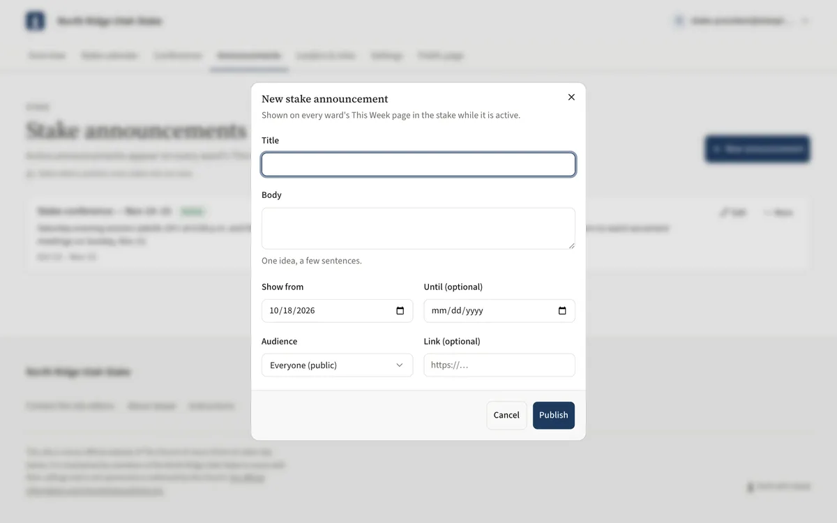 The New stake announcement dialog with Title, Body, Show from, Until, Audience and Link fields.