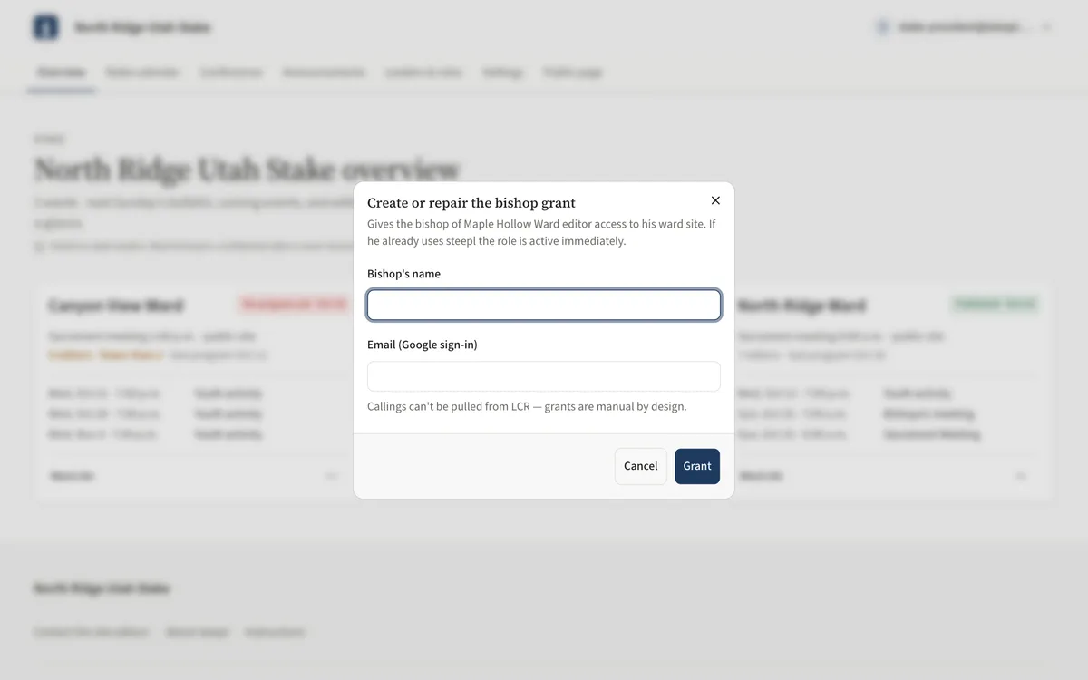 The Create or repair the bishop grant dialog with Bishop's name and Email fields.