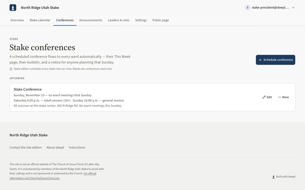 The Stake conferences page listing an upcoming conference with its sessions and the note that there are no ward meetings that Sunday.