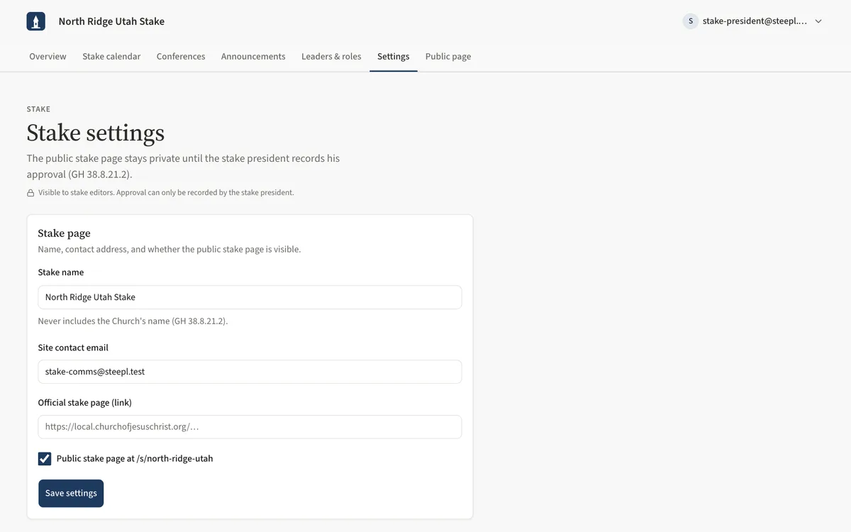 The Stake settings page with the Stake page card: stake name, site contact email, official link and the Public stake page box.