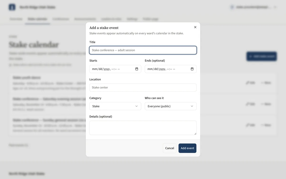 The Add a stake event dialog with Title, Starts, Ends, Location, Category and Who can see it fields.