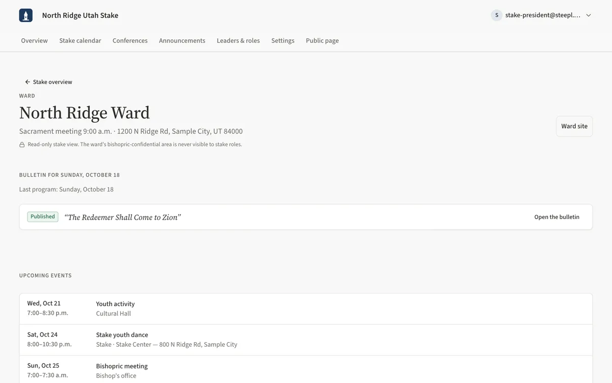 A ward's details page for stake leaders: the bulletin status for next Sunday and the first upcoming events.