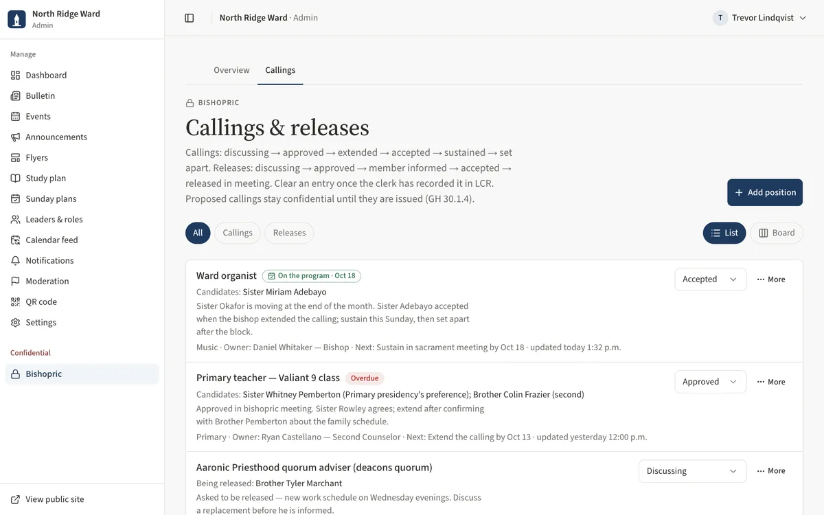 The Callings and releases list as the ward clerk sees it: only the Overview and Callings tabs, and each entry with its stage, owner, next step and More menu.
