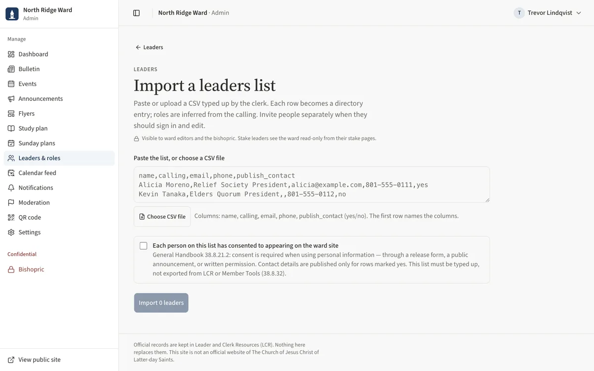 The Import a leaders list page with the paste area, the column help and the consent checkbox.