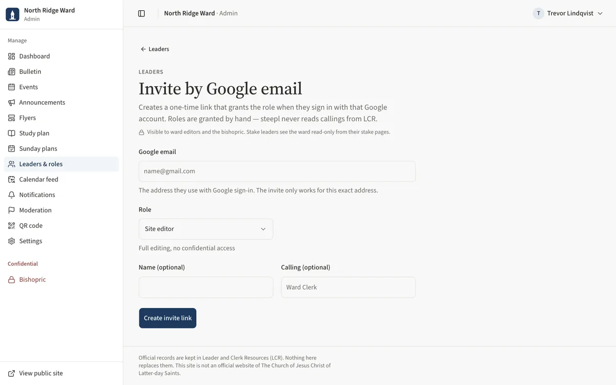 The Invite by Google email form with Google email, Role, Name and Calling fields.
