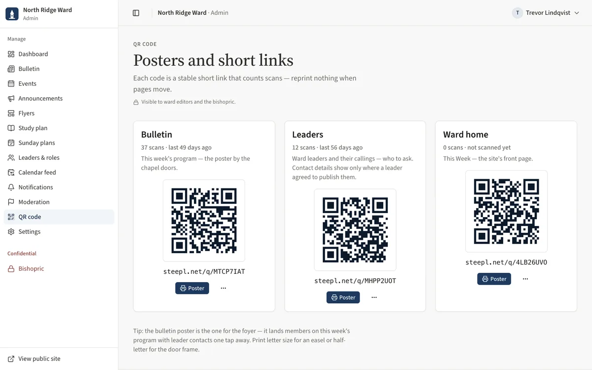 The Posters and short links page with Bulletin, Leaders and Ward home cards, each with a Poster button and a More menu.